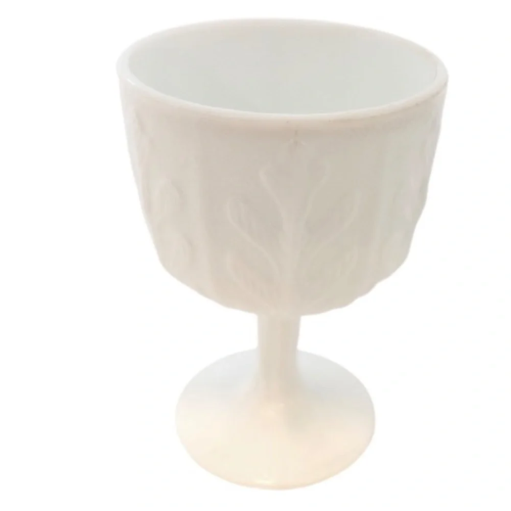 VINTAGE 1975 FTD MILK GLASS GOBLET / PEDESTAL PLANTER OAK LEAF EMBOSSED - Picture 2 of 5